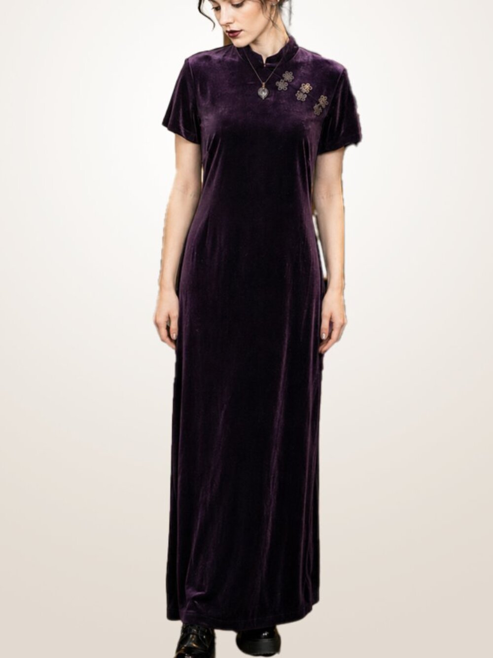 Vintage Velvet Dress Purple Cheongsam Whimsy Witchy Goth Asian High Neck